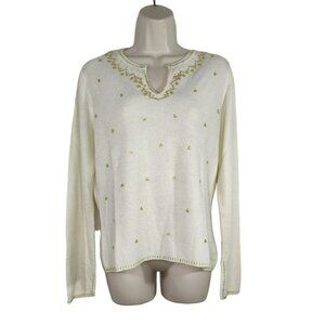 Vintage Ambra Pullover V-neck Sweater Women Size PL Cream Gold Bead Long Sleeve